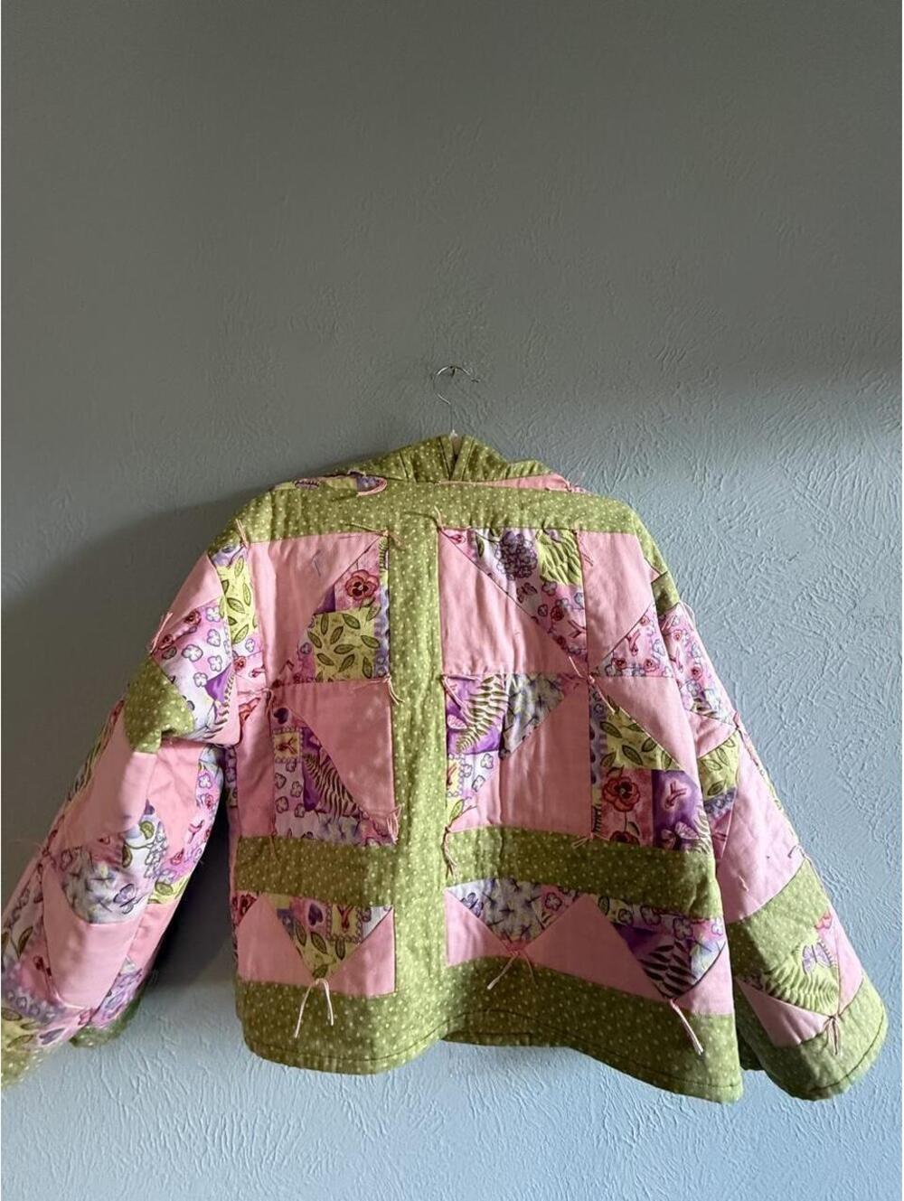 Handmade upcycled Pink and green triangle patchwork quilted sweatshirt hoodie